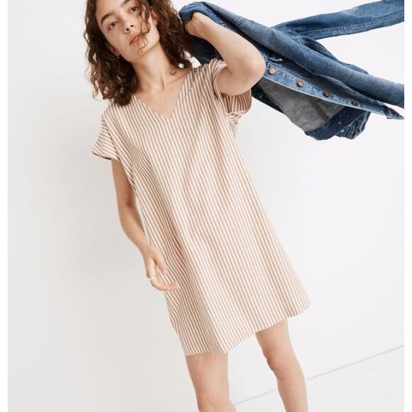 MADEWELL Women Button-Back Easy Short Sleeve Shirt Dress in Stripe Size XXS - Picture 1 of 4
